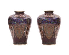 Pair of Japanese Cloisonne Lapis Enamel Dragon & Phoenix Bird Vases Ando Jubei