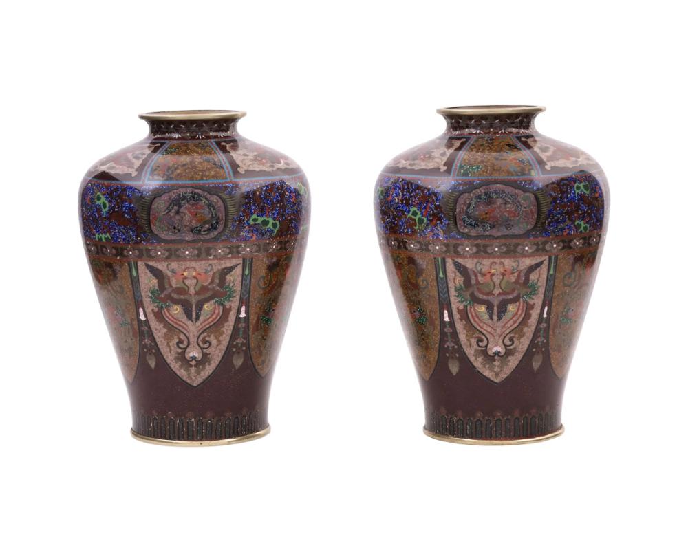 Cloissoné Pair of Japanese Cloisonne Lapis Enamel Dragon & Phoenix Bird Vases Ando Jubei For Sale
