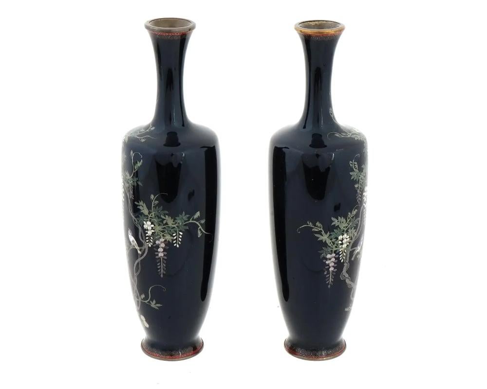 Cloissoné Pair of Japanese Cloisonne Silver Wire Meiji Golden Age Wisteria Vases For Sale
