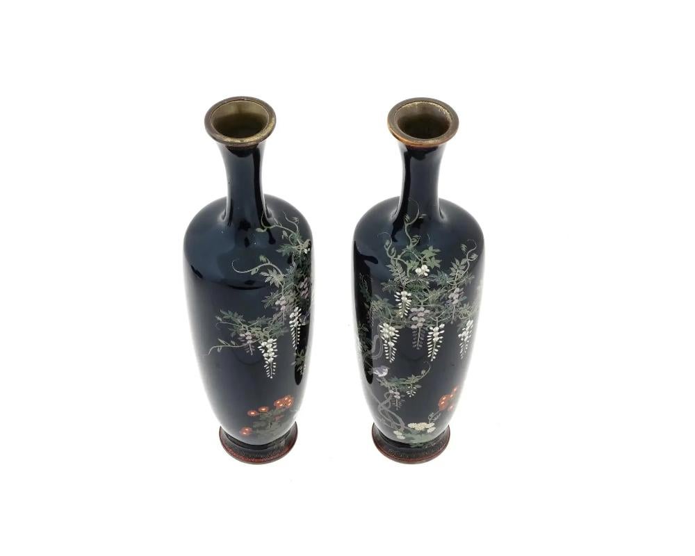 19th Century Pair of Japanese Cloisonne Silver Wire Meiji Golden Age Wisteria Vases For Sale