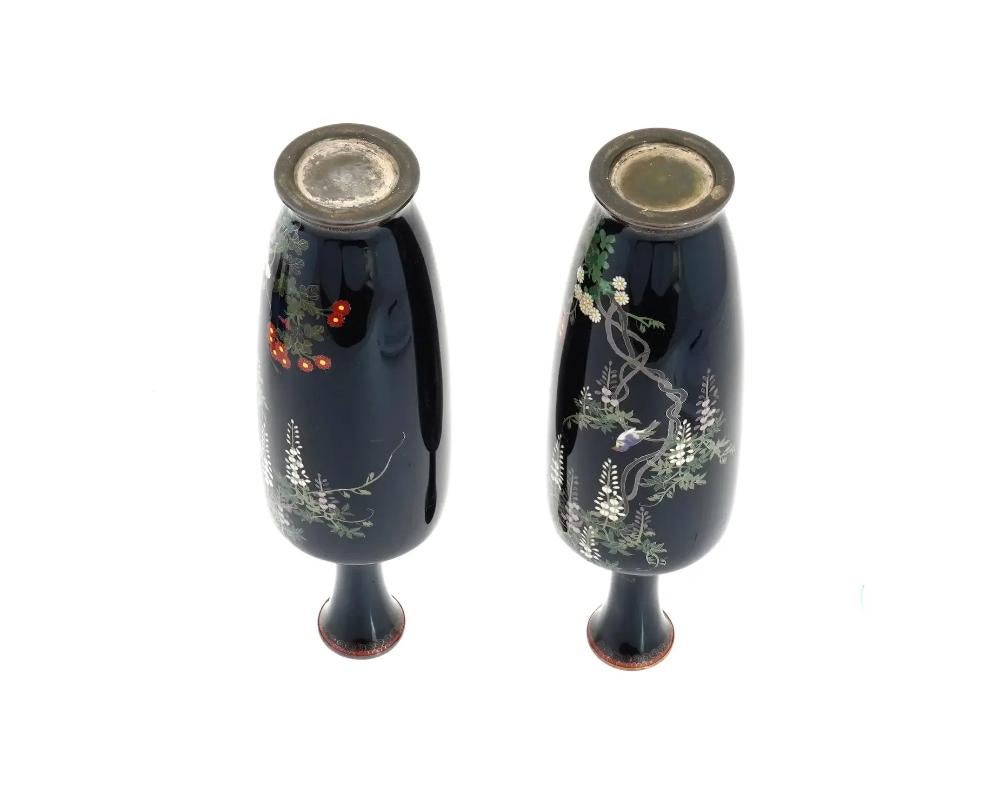 Pair of Japanese Cloisonne Silver Wire Meiji Golden Age Wisteria Vases For Sale 1