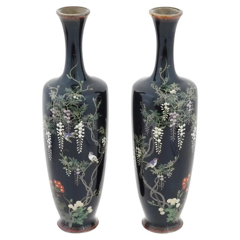 Pair of Japanese Cloisonne Silver Wire Meiji Golden Age Wisteria Vases For Sale