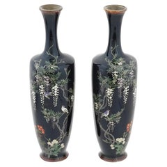 Pair of Japanese Cloisonne Silver Wire Meiji Golden Age Wisteria Vases