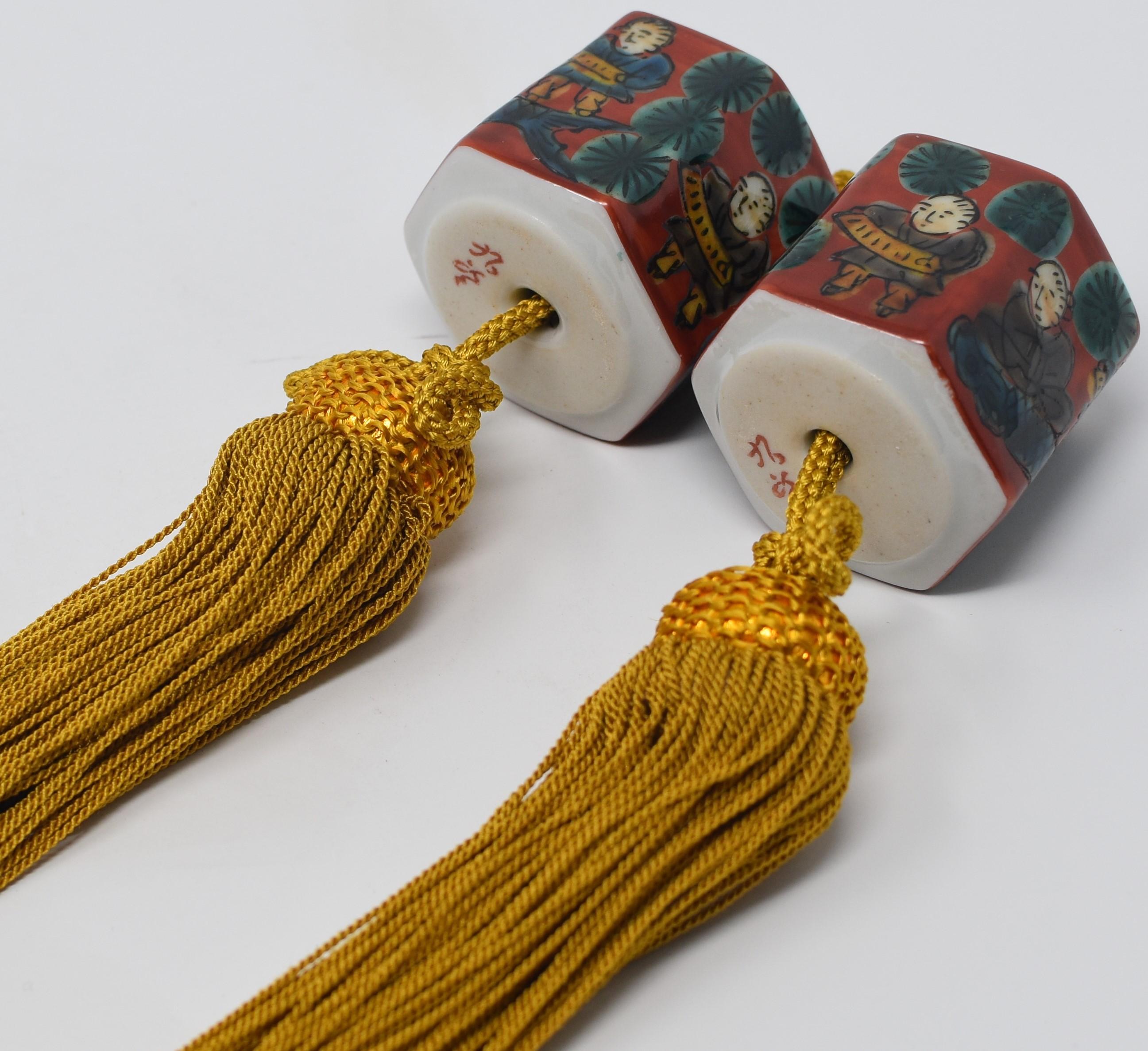 Hand-Painted Pair of Japanese Blue Red Porcelain Scroll Weights