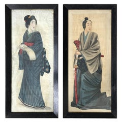 Pair of Japanese Costume Portraits Painted on Silk, 1920's