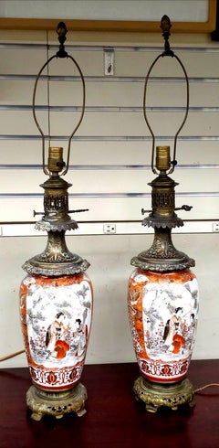 Pair of Japanese Decorated Porcelain and Brass Table Lamps