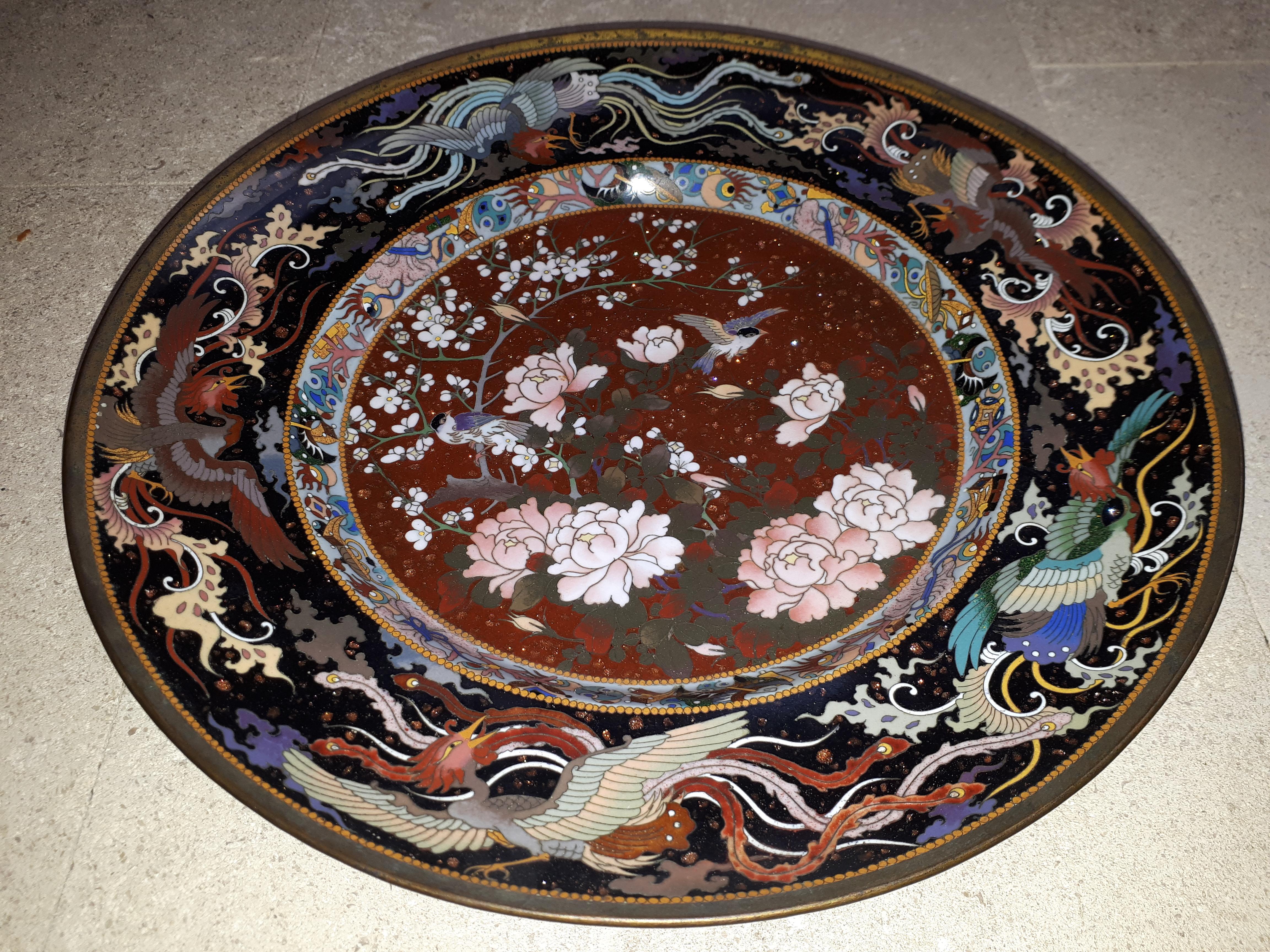 Bronze Pair Of Japanese Dishes In Cloisonne Enamels, Japan Meiji Era