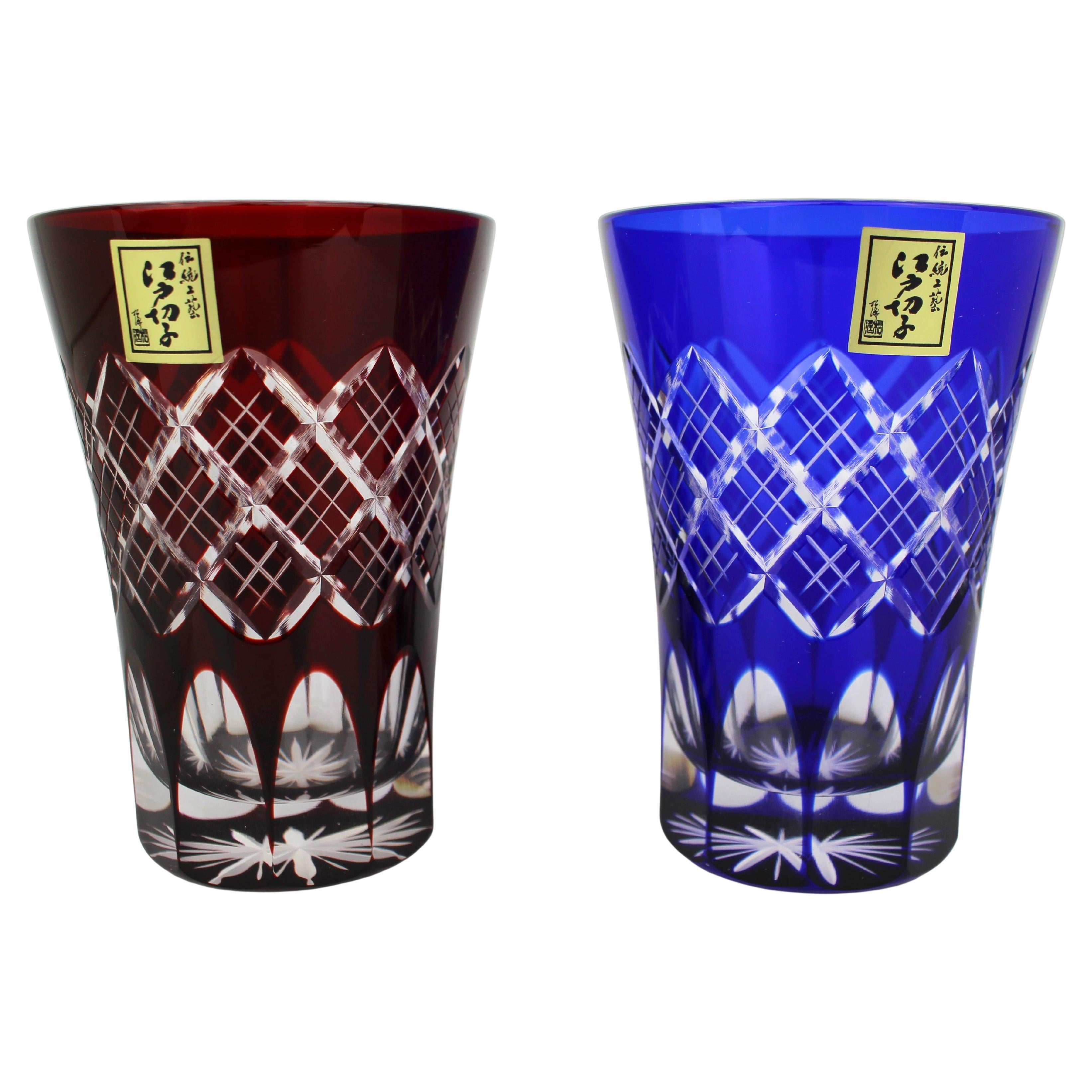 Coppia di bicchieri di cristallo sovrapposti Edo Kiriko di Kimoto Glassware in vendita