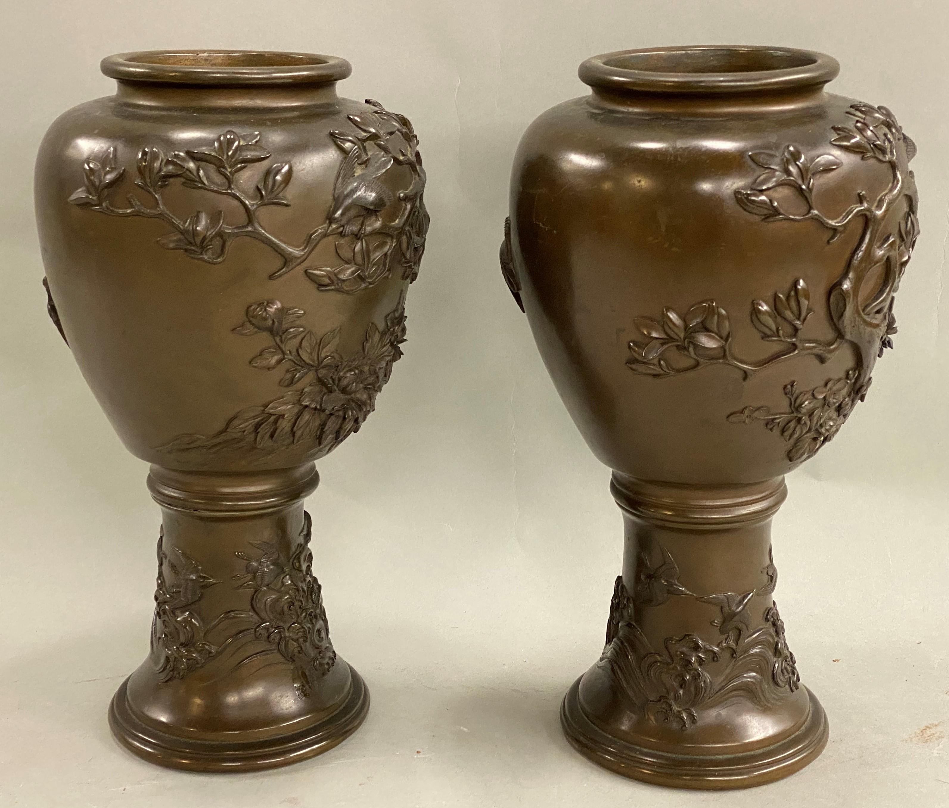 Pair of Japanese Edo Period Foliate and Bird Relief Decorated Bronze Vases In Good Condition For Sale In Milford, NH