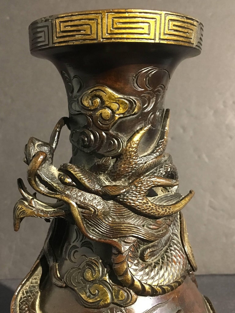 Pair of Japanese Edo Period ParcelGilt Bronze Dragon Vases, Early 19th Century For Sale at 1stDibs