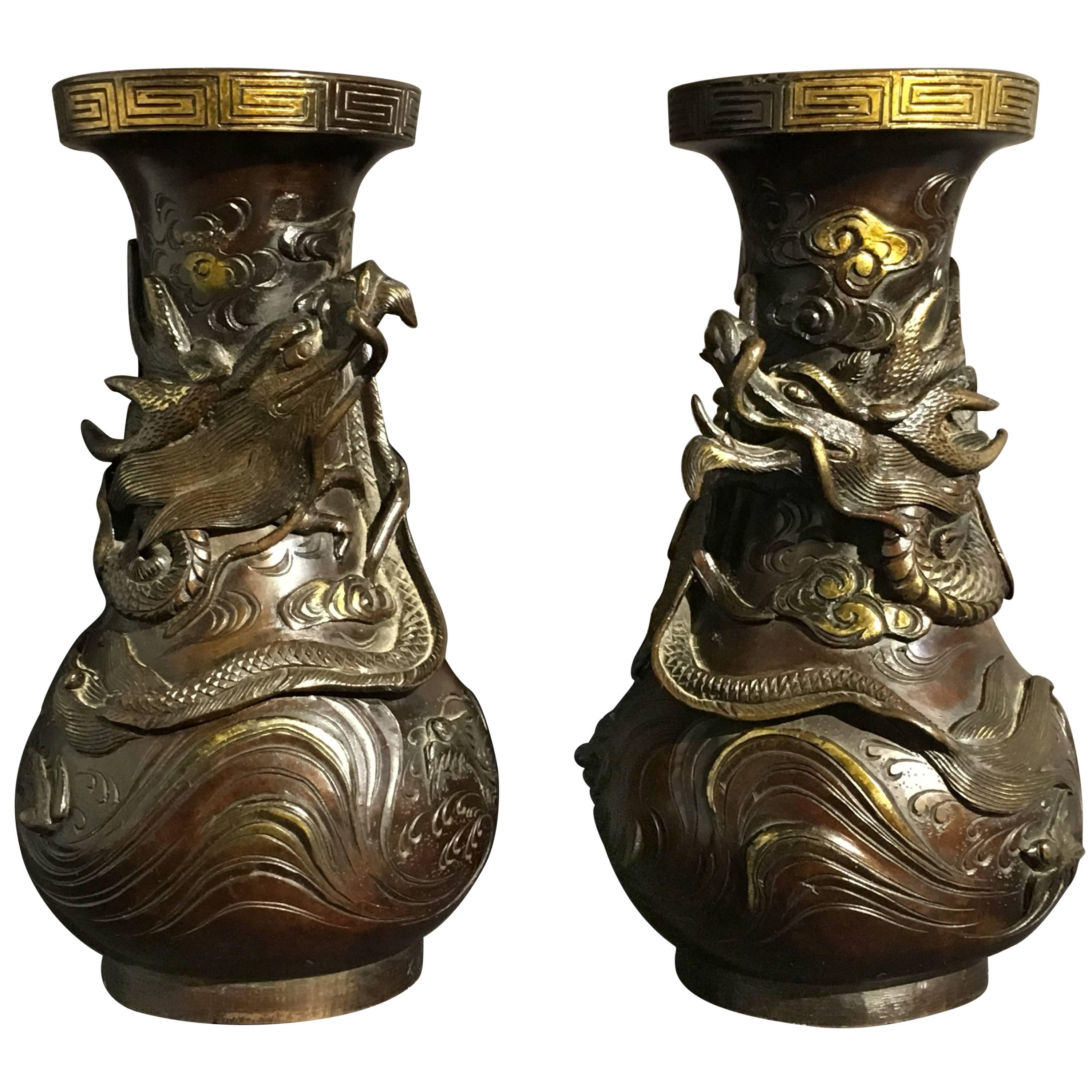 Pair of Japanese Edo Period Parcel-Gilt Bronze Dragon Vases, Early 19th Century