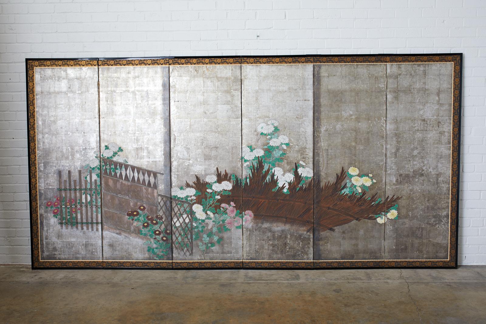 Pair of Japanese Edo Screens Chrysanthemums Along Fence For Sale 6