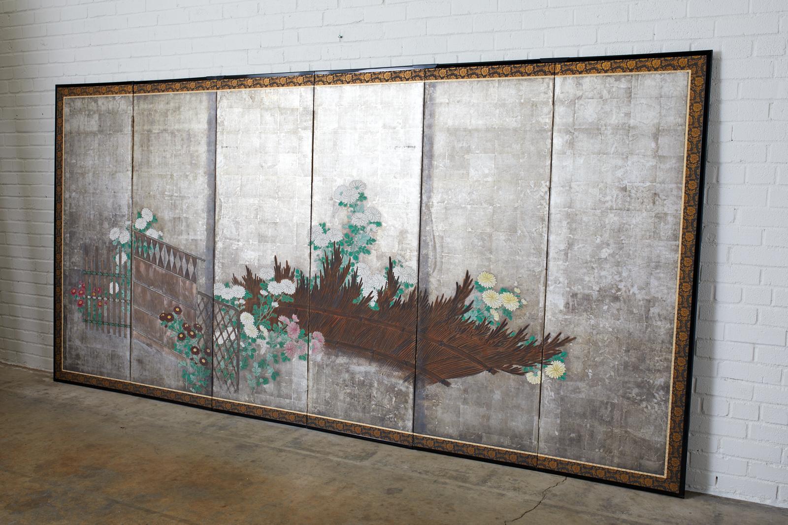 Pair of Japanese Edo Screens Chrysanthemums Along Fence For Sale 7