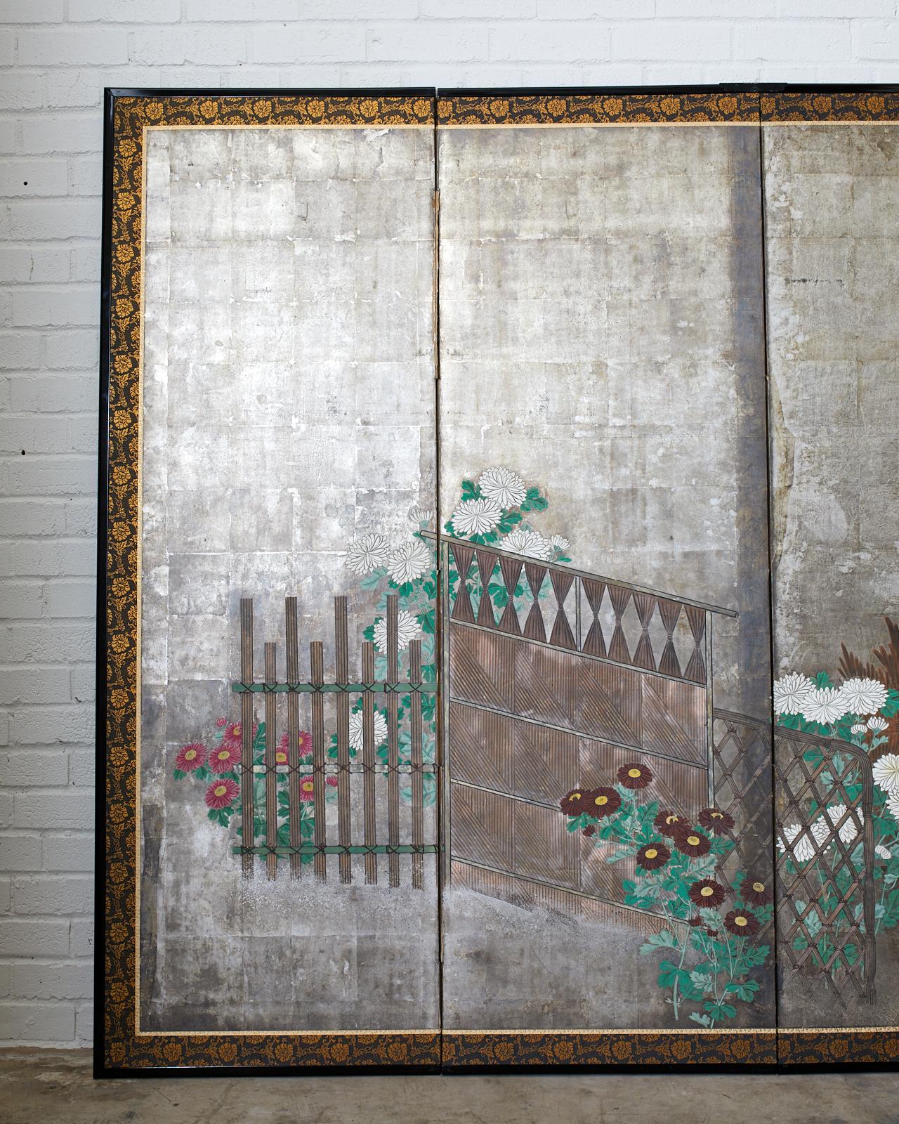 Pair of Japanese Edo Screens Chrysanthemums Along Fence For Sale 8