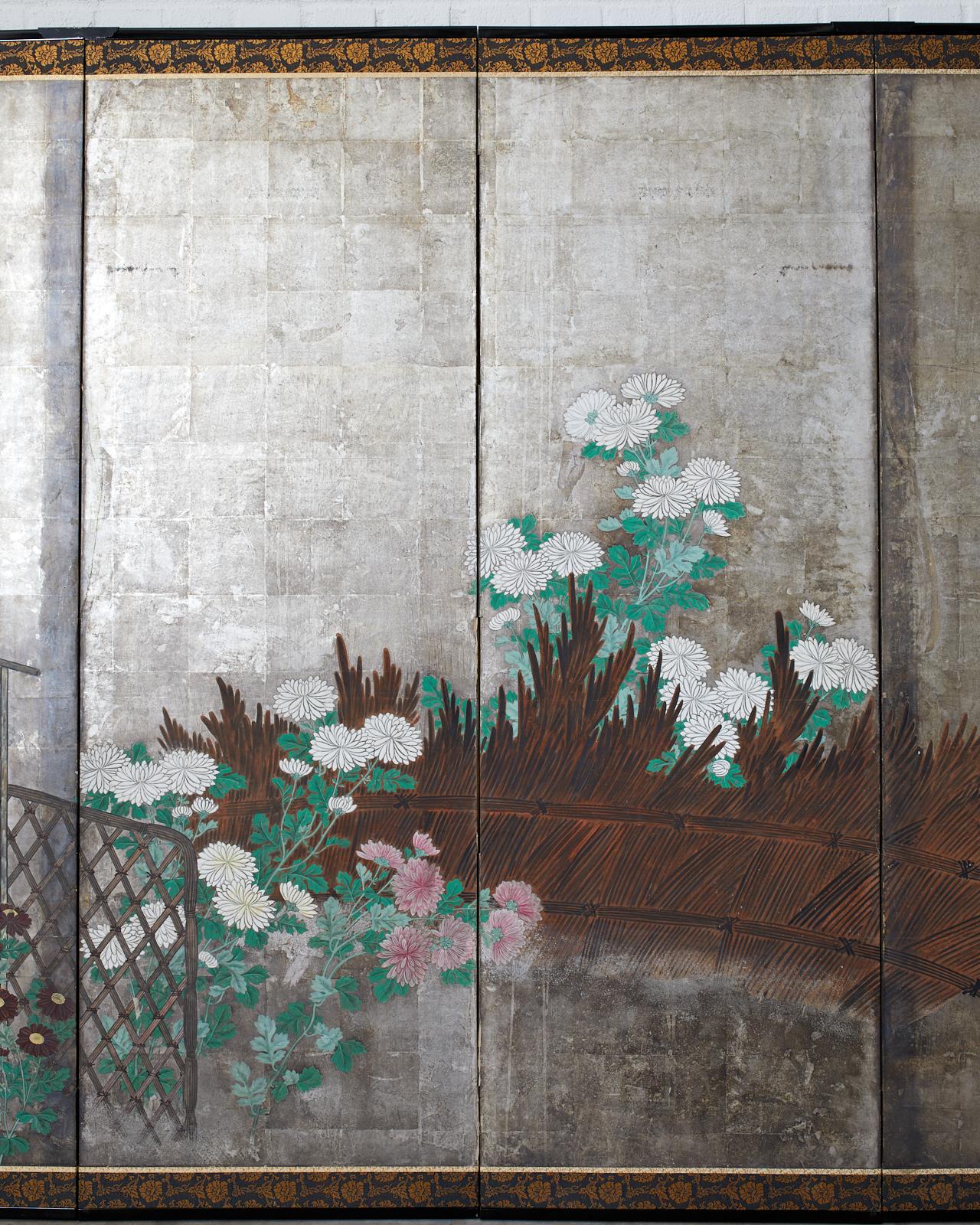 Pair of Japanese Edo Screens Chrysanthemums Along Fence For Sale 9