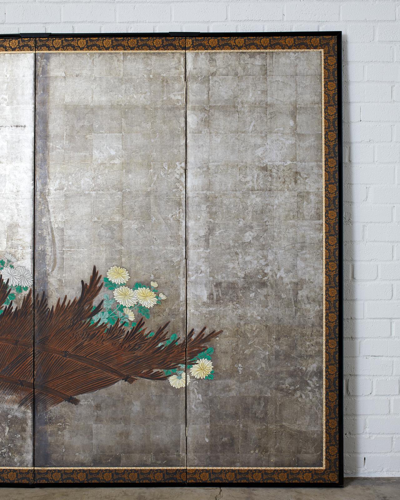 Pair of Six Panel Japanese Edo Screens Chrysanthemums Along Fence For Sale 10