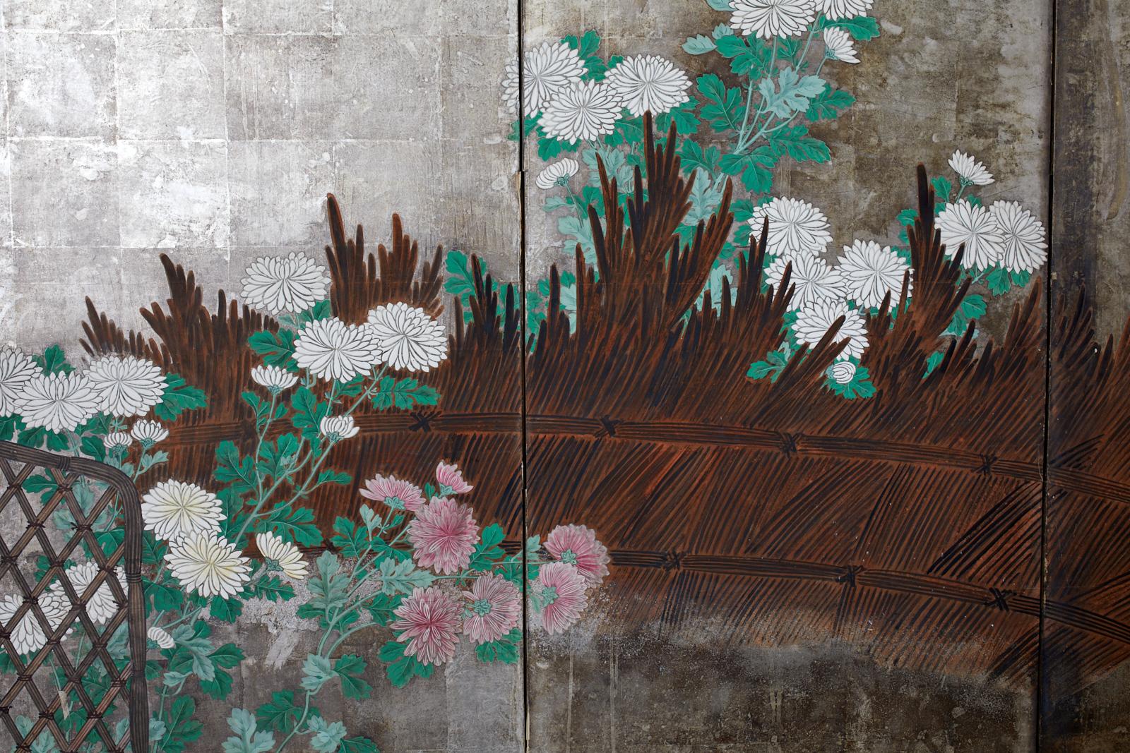 Pair of Japanese Edo Screens Chrysanthemums Along Fence For Sale 12