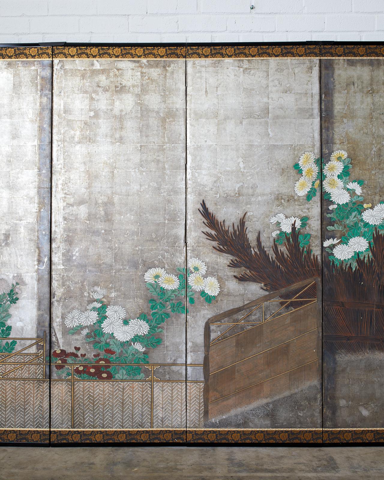 Pair of Six Panel Japanese Edo Screens Chrysanthemums Along Fence In Good Condition For Sale In Rio Vista, CA