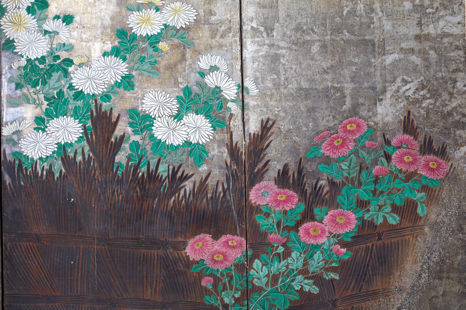 Silk Pair of Six Panel Japanese Edo Screens Chrysanthemums Along Fence For Sale