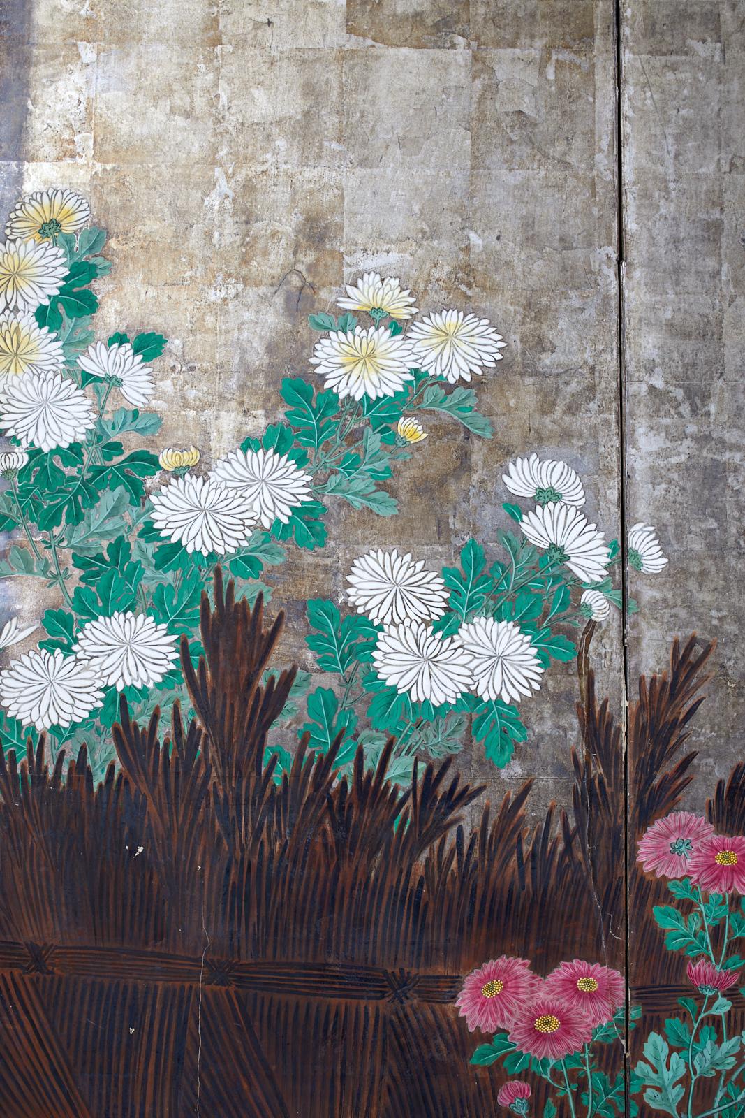 Pair of Six Panel Japanese Edo Screens Chrysanthemums Along Fence For Sale 1