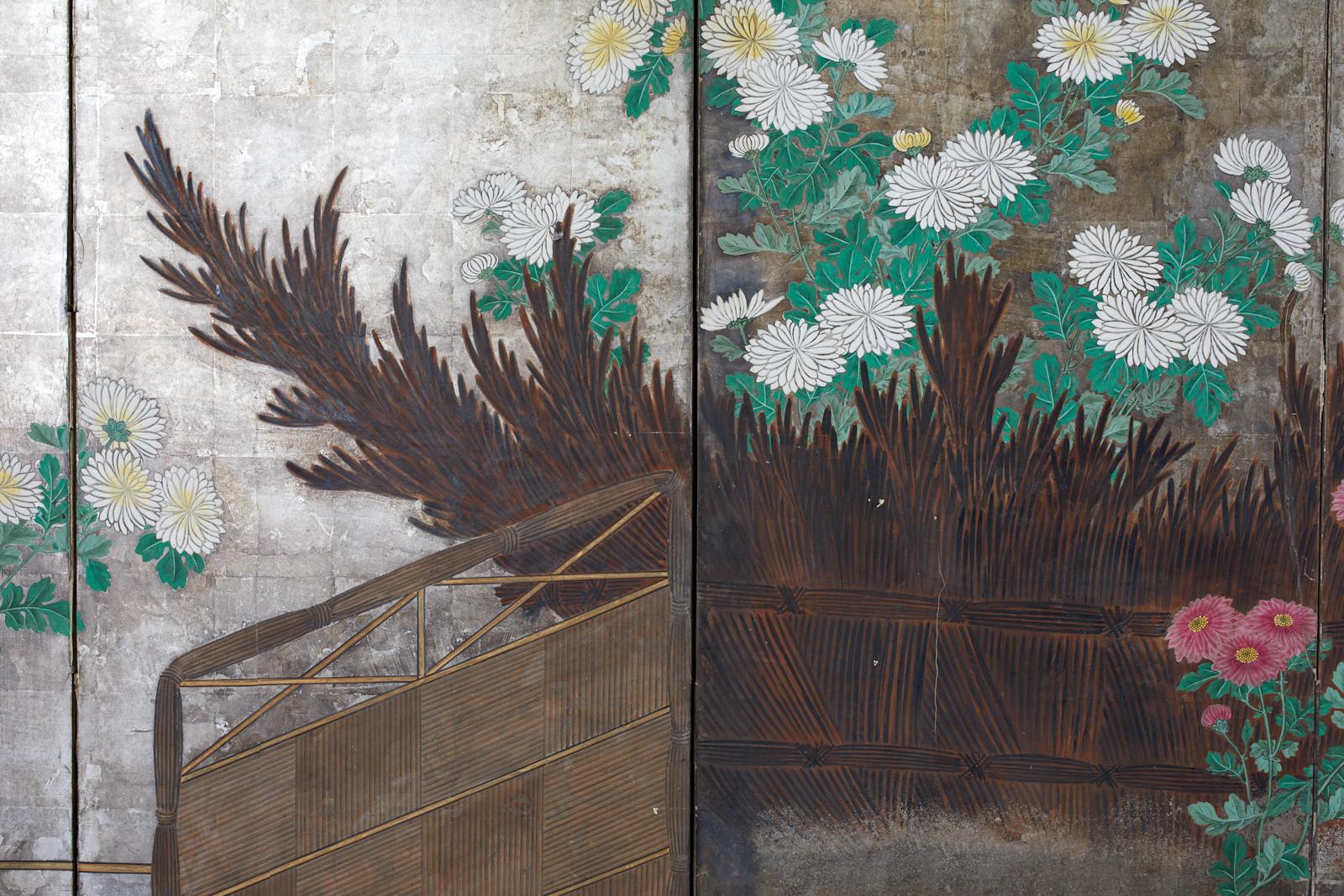 Pair of Japanese Edo Screens Chrysanthemums Along Fence For Sale 1