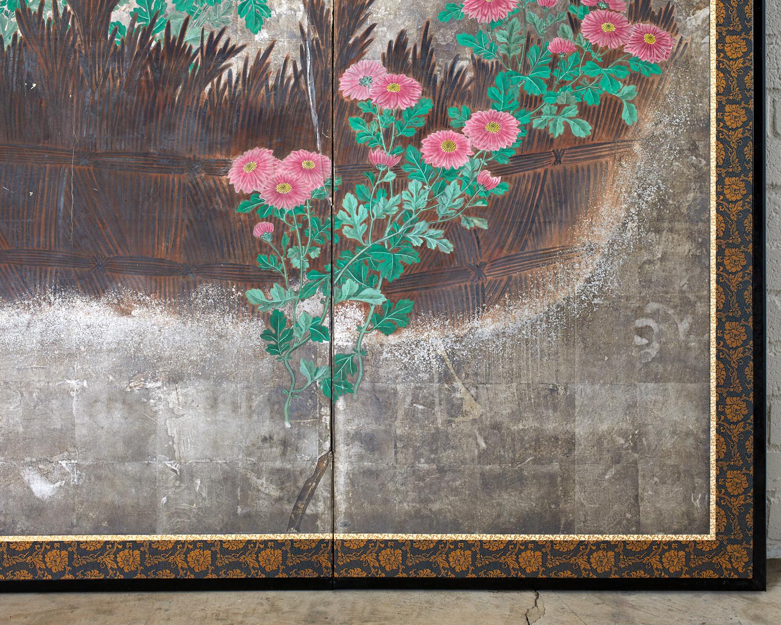 Pair of Japanese Edo Screens Chrysanthemums Along Fence For Sale 2