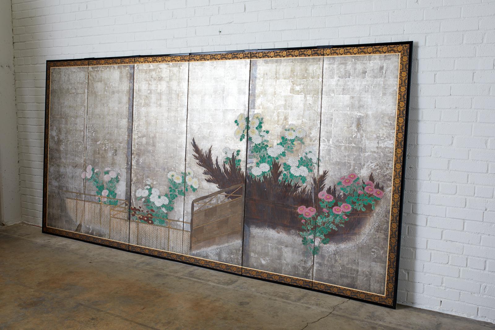 Pair of Japanese Edo Screens Chrysanthemums Along Fence For Sale 3