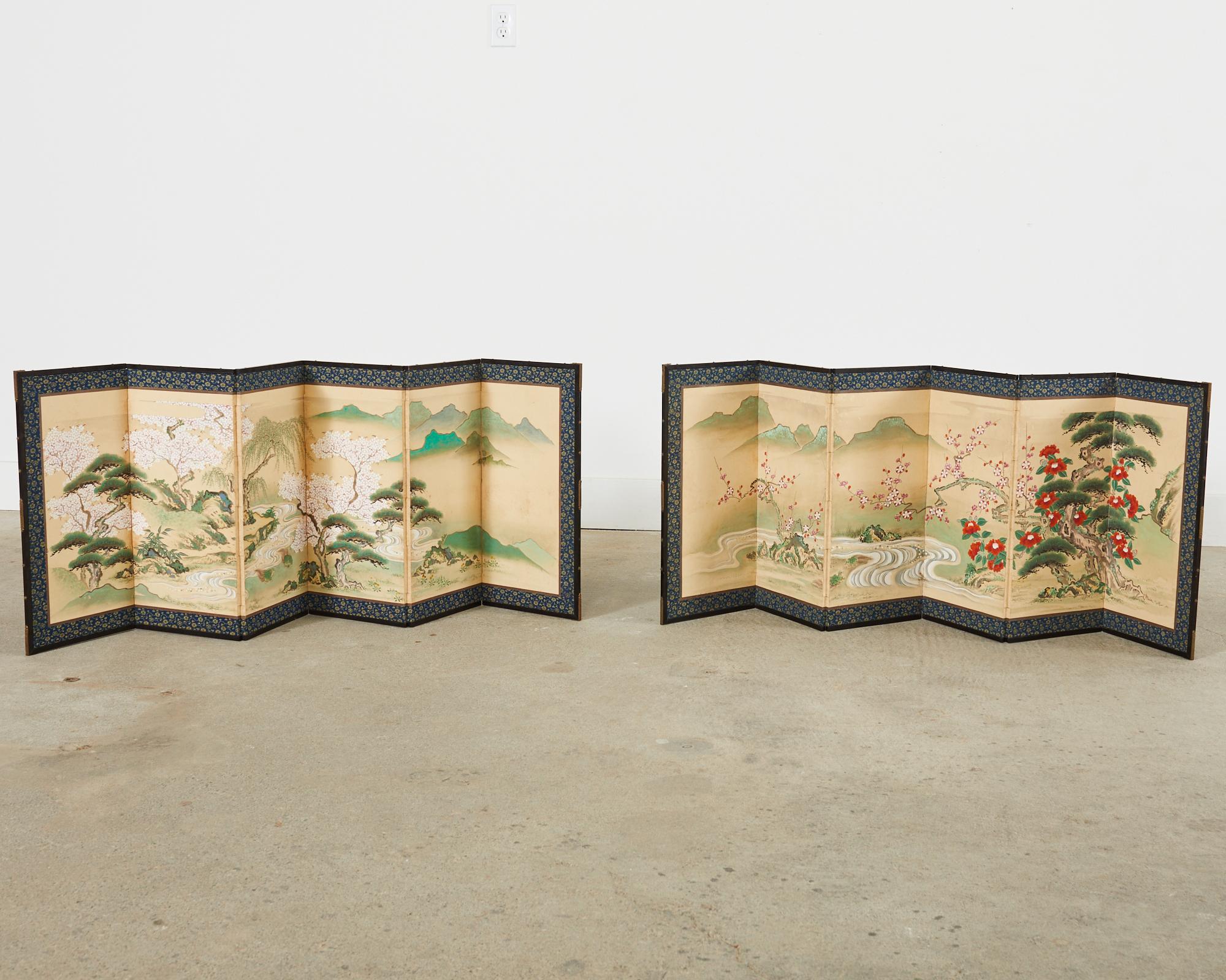 Hand-Crafted Pair of Japanese Edo Screens Minogame Turtles in Spring Landscape For Sale