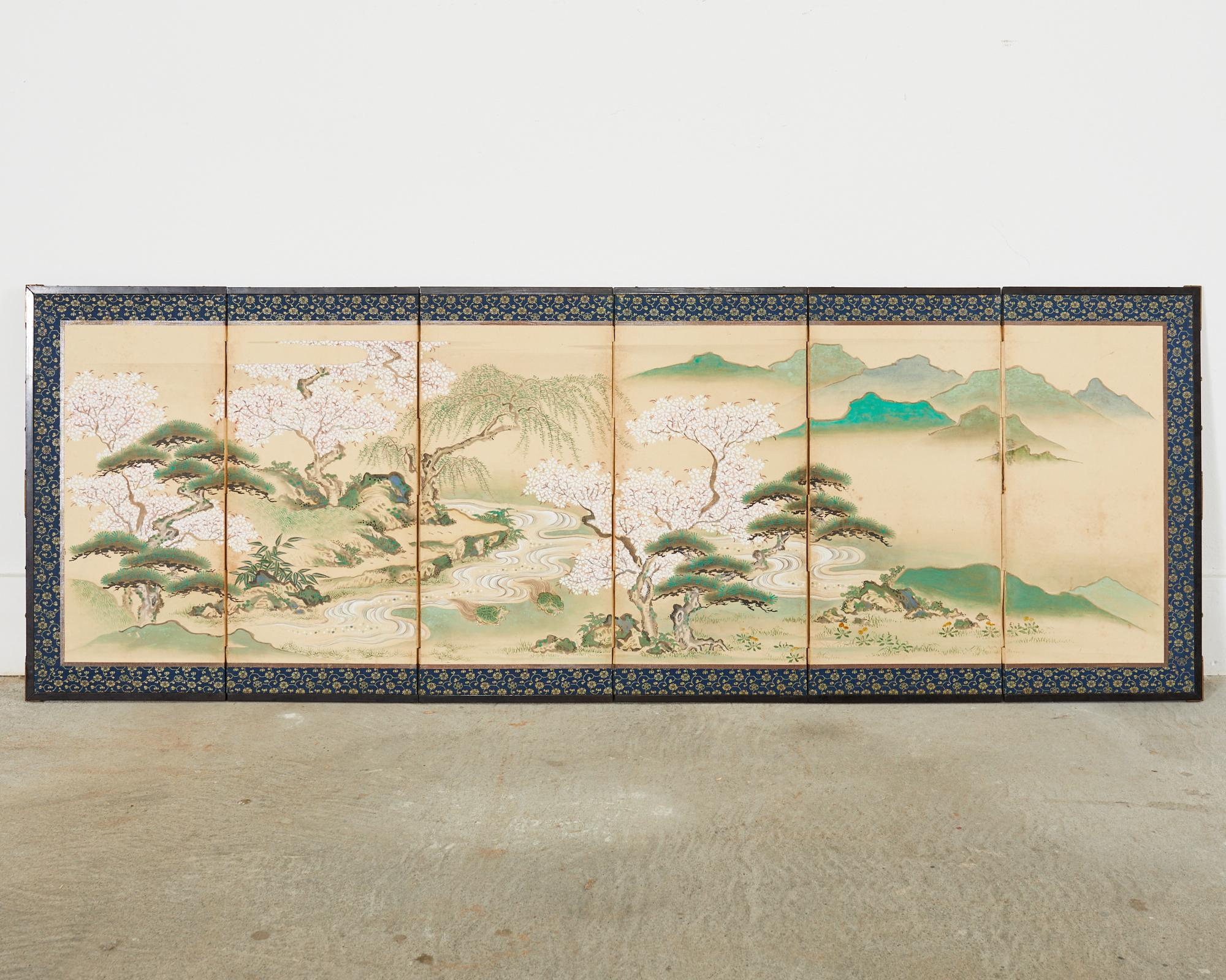 Pair of Japanese Edo Screens Minogame Turtles in Spring Landscape In Distressed Condition For Sale In Rio Vista, CA