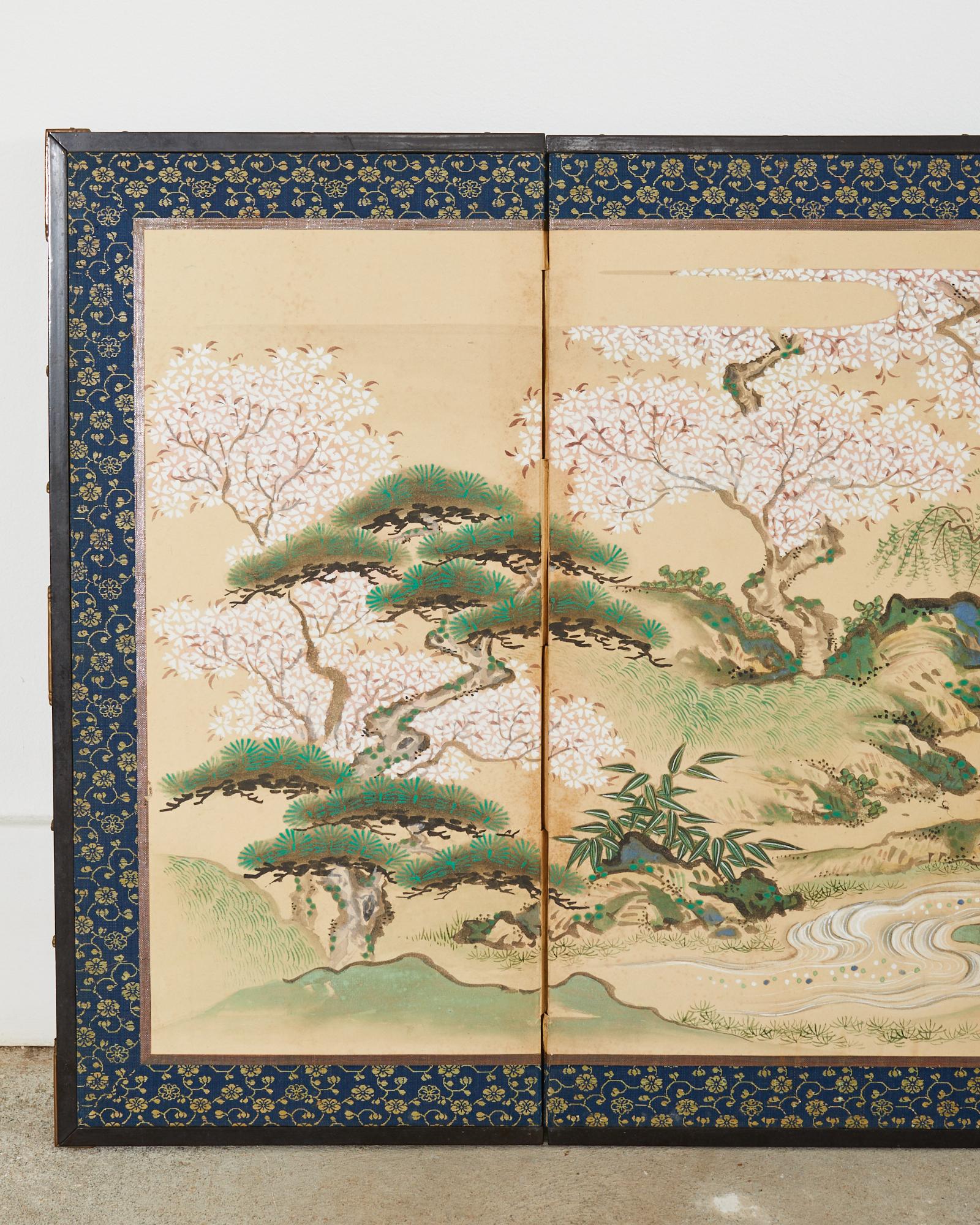 19th Century Pair of Japanese Edo Screens Minogame Turtles in Spring Landscape For Sale