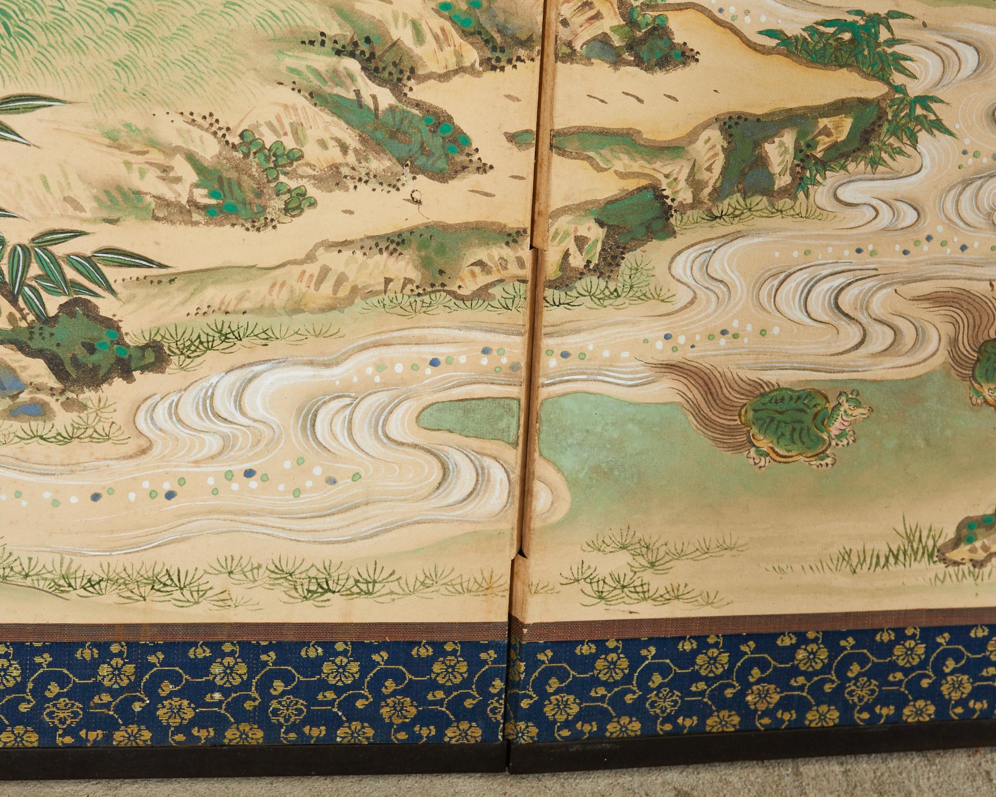 Pair of Japanese Edo Screens Minogame Turtles in Spring Landscape For Sale 3