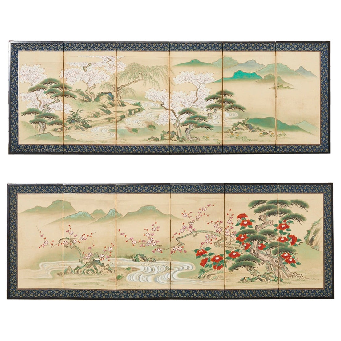 Paire de paravents Edo japonais représentant des tortues de Minogame dans un paysage de printemps