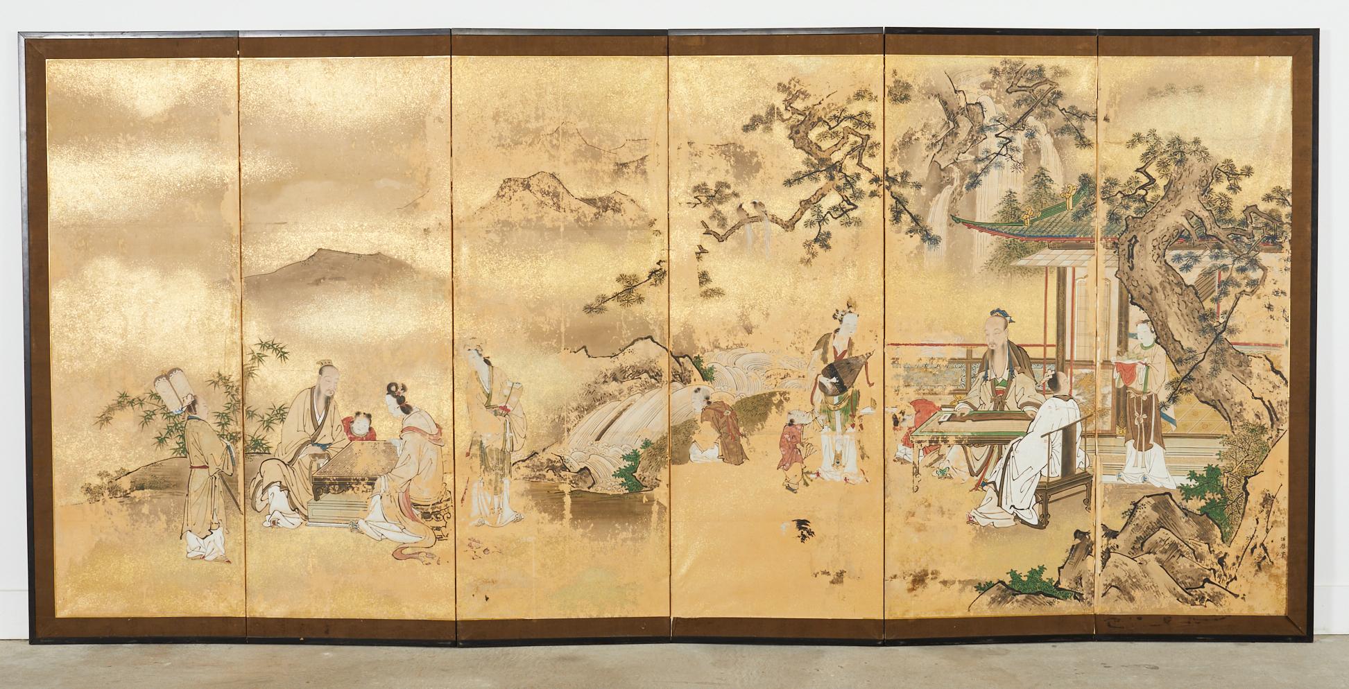 Pair of Japanese Edo Six Panel Screens Attributed Kano Toshun In Distressed Condition For Sale In Rio Vista, CA