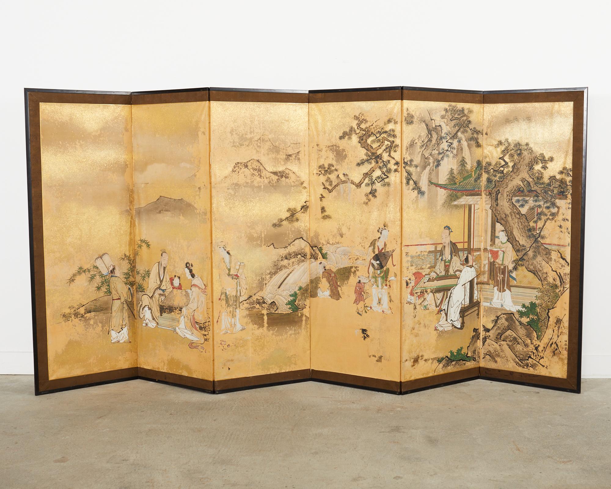 18th Century and Earlier Pair of Japanese Edo Six Panel Screens Attributed Kano Toshun For Sale