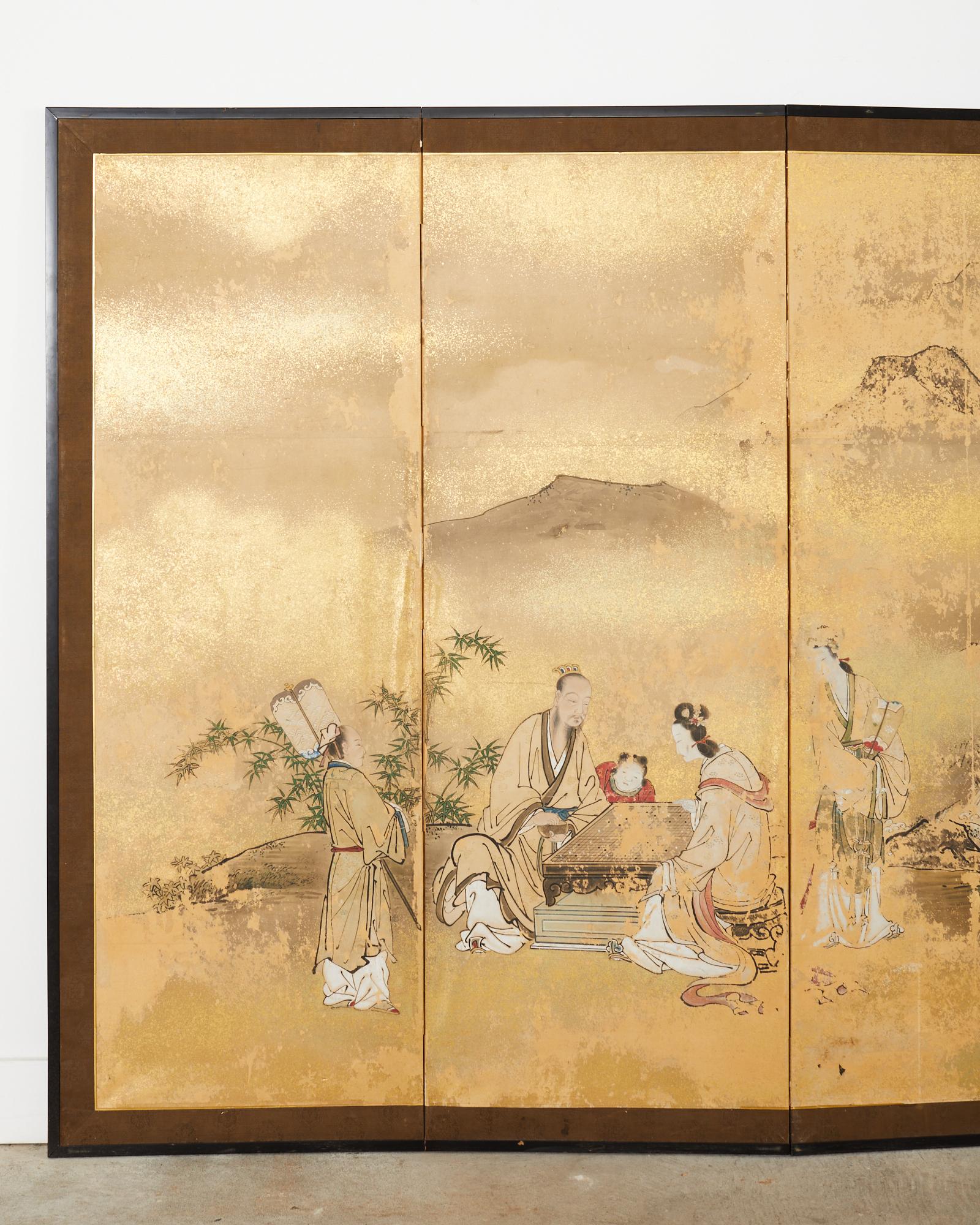 Silk Pair of Japanese Edo Six Panel Screens Attributed Kano Toshun For Sale