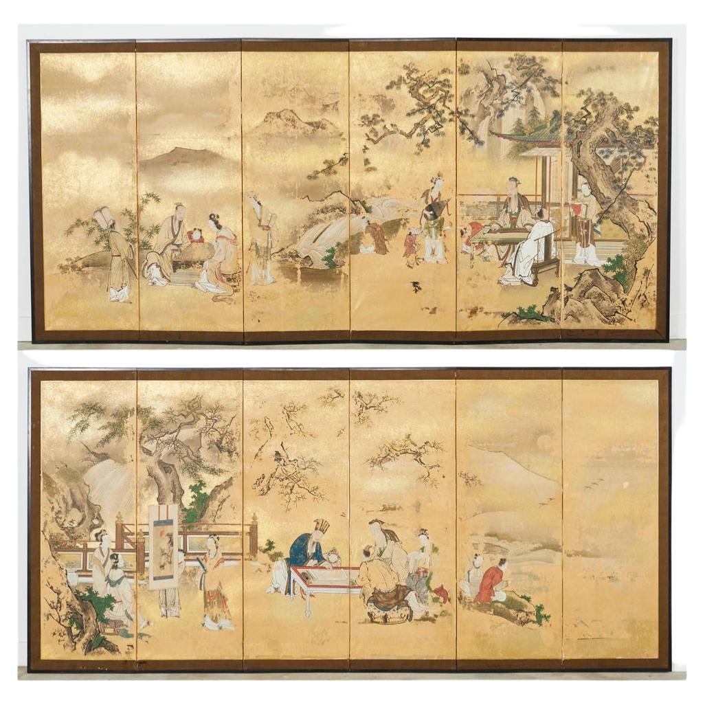 Pair of Japanese Edo Six Panel Screens Attributed Kano Toshun For Sale