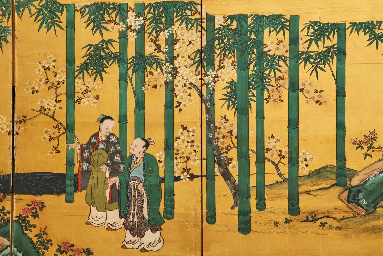 Paire de paravents japonais Edo à six panneaux représentant les sept Sages en vente 6