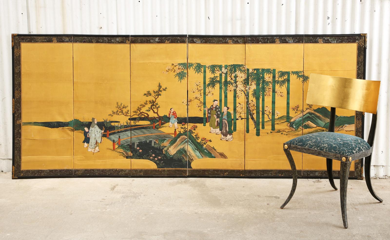 Hand-Crafted Pair of Japanese Edo Six Panel Screens the Seven Sages For Sale