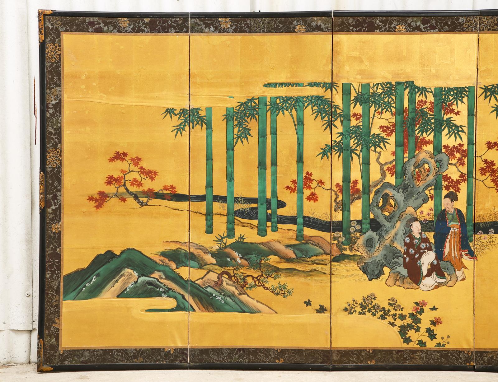 Pair of Japanese Edo Six Panel Screens the Seven Sages In Fair Condition For Sale In Rio Vista, CA