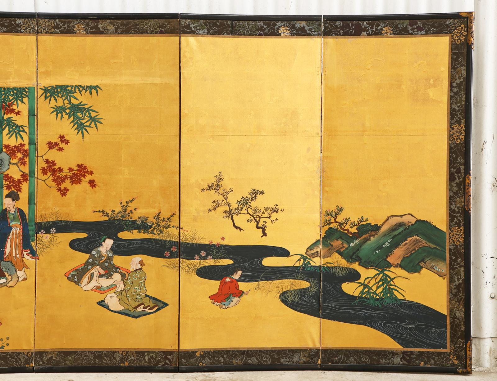 19th Century Pair of Japanese Edo Six Panel Screens the Seven Sages For Sale