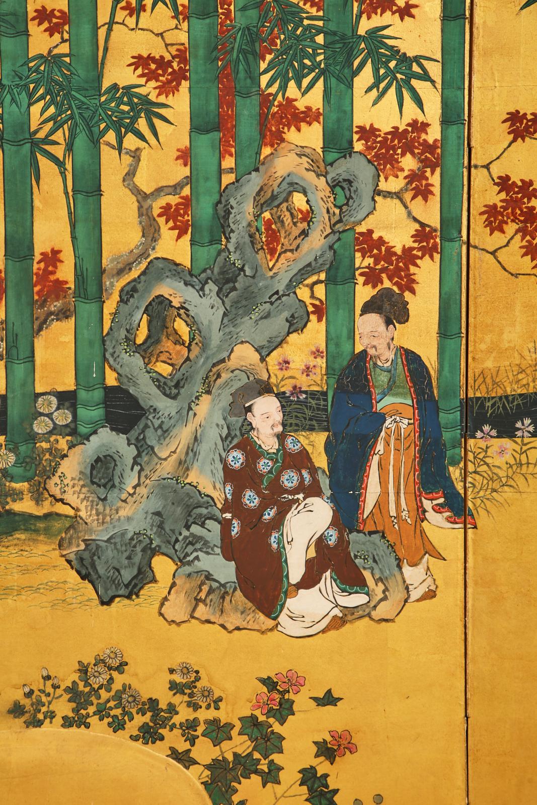 Paar der japanischen Edo sechs Panel Bildschirme die sieben Weisen (Messing) im Angebot