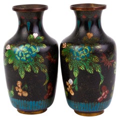 Antique Pair of Japanese Enamel Cloisonne Blossoms Baluster Vases Meiji 19th Century 