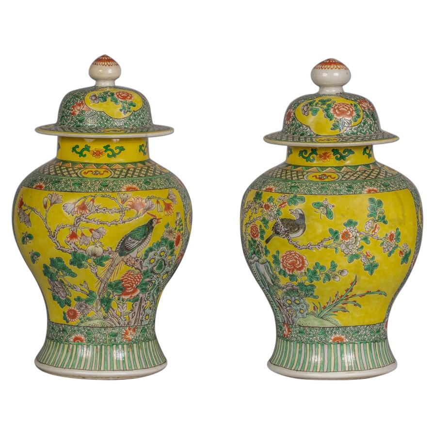 Paar japanische Famille Verte-Vasen mit Deckel, um 1860