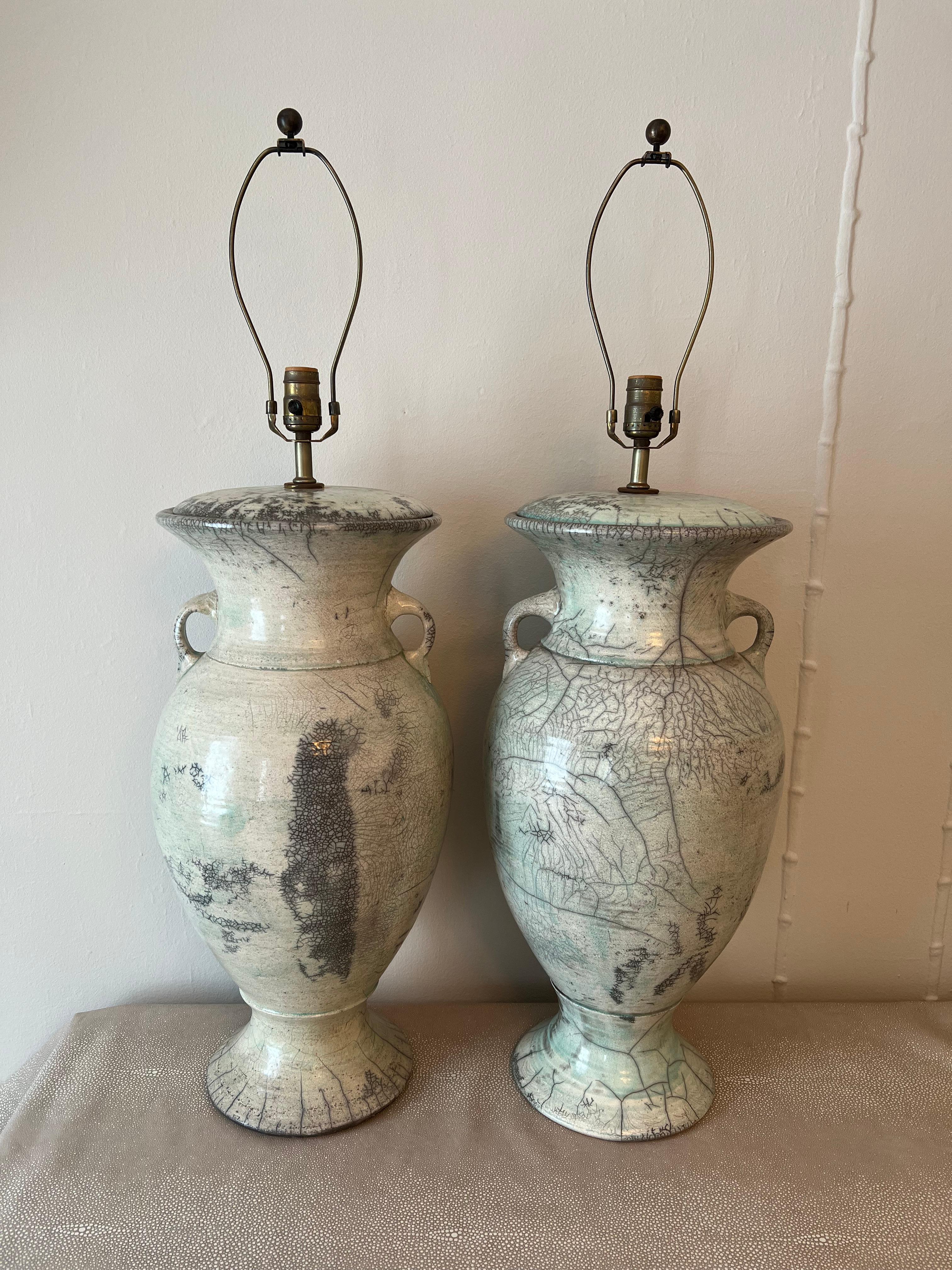 Pair of Japanese Fired Raku Pottery Glazed Urn Table Lamps 14