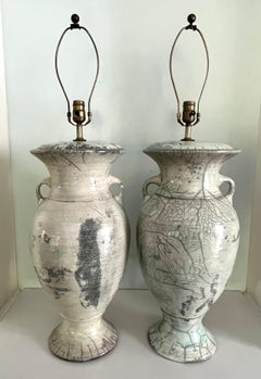 Pair of Japanese Fired Raku Pottery Glazed Urn Table Lamps
