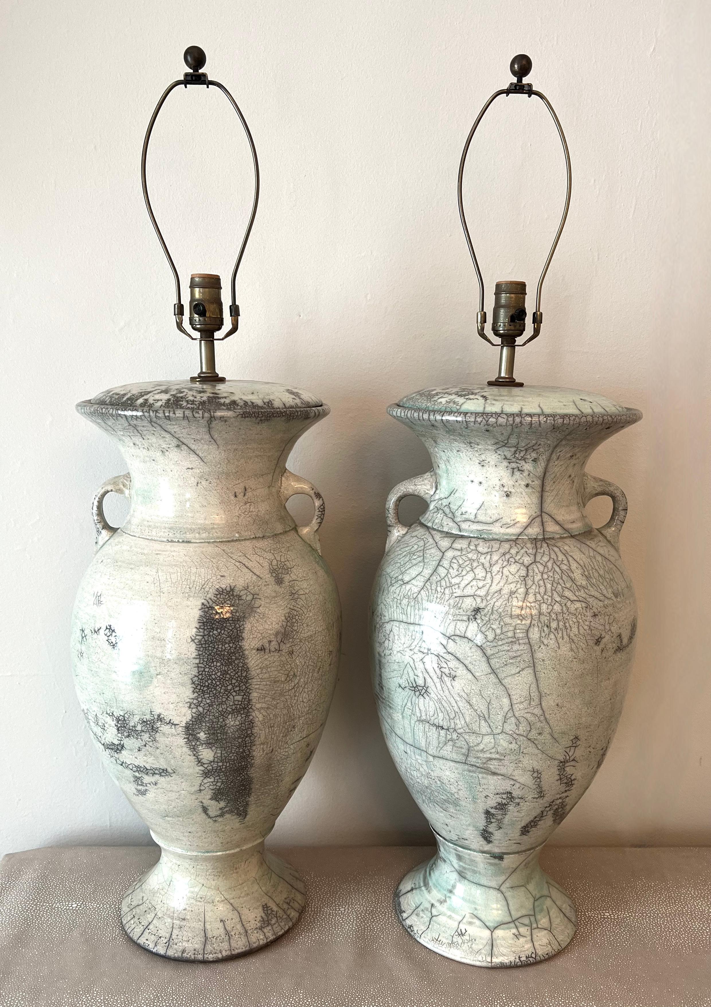 Pair of Japanese Fired Raku Pottery Glazed Urn Table Lamps 2