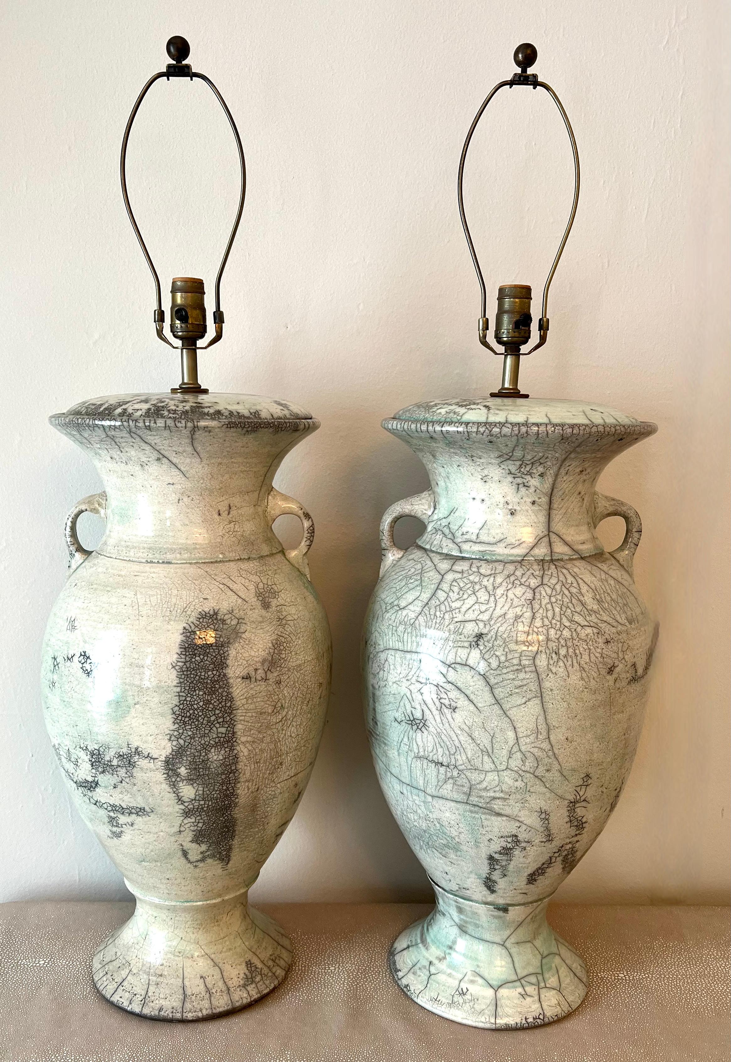 Pair of Japanese Fired Raku Pottery Glazed Urn Table Lamps 3
