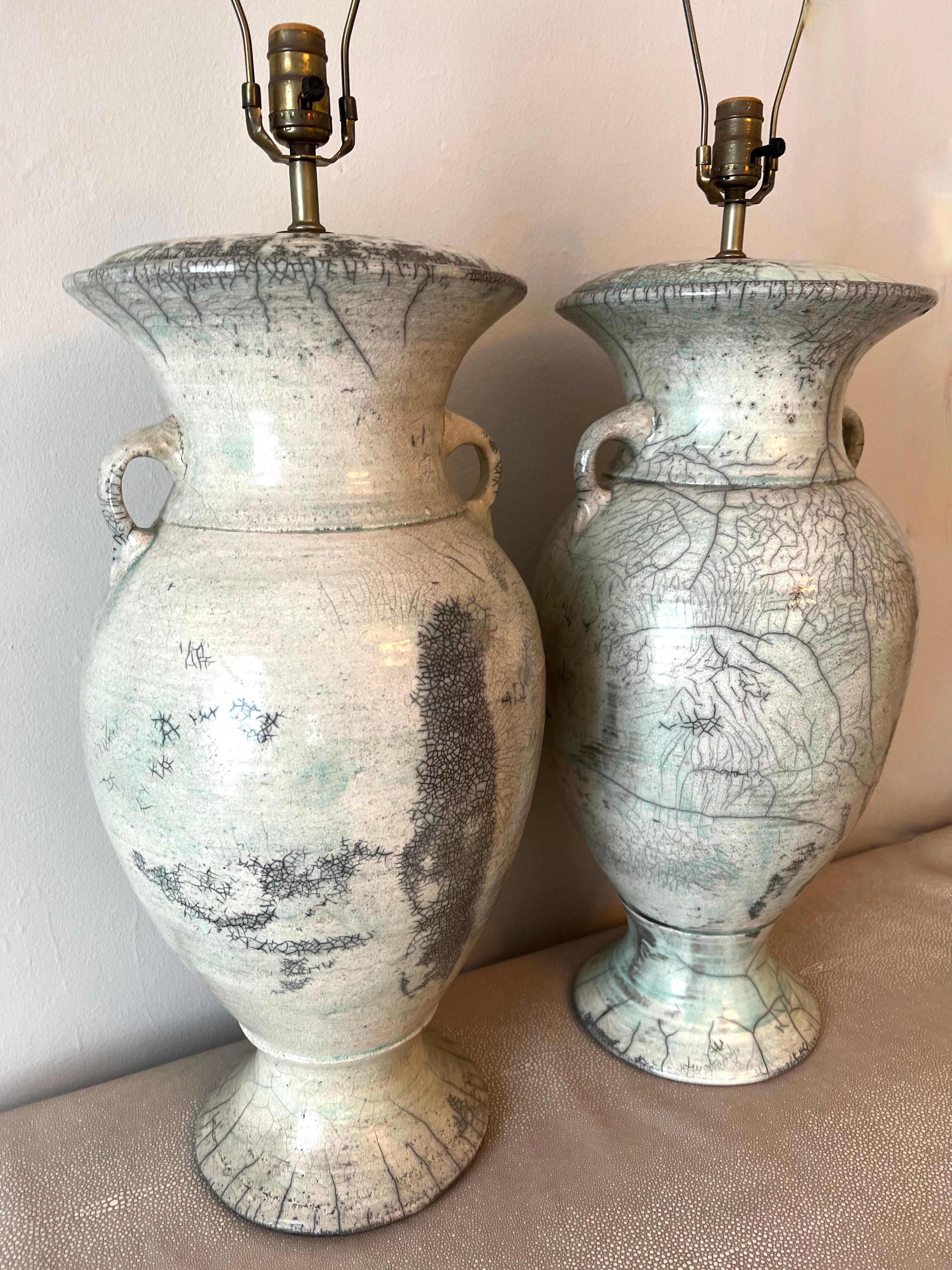 Pair of Japanese Fired Raku Pottery Glazed Urn Table Lamps 4