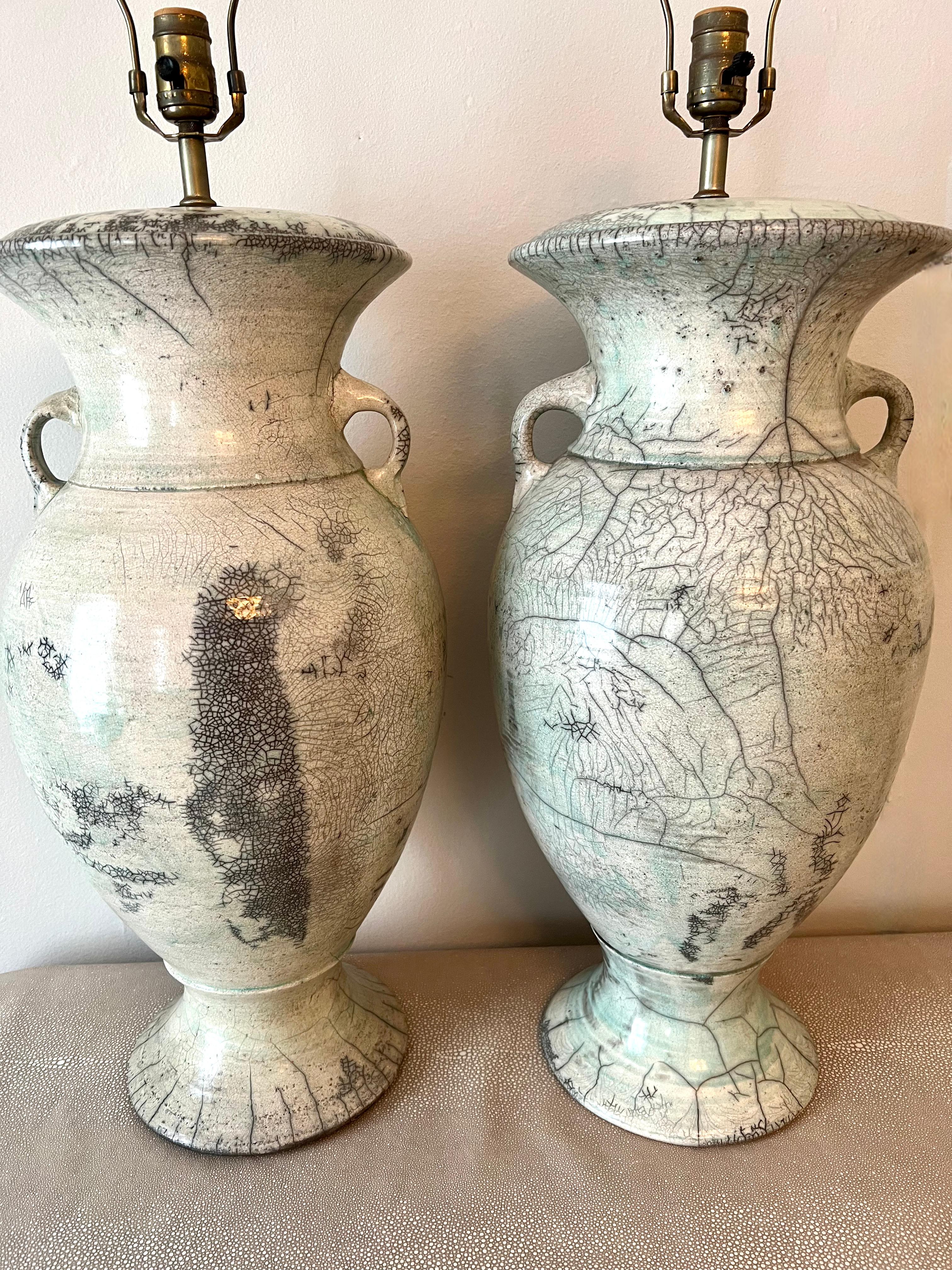 Pair of Japanese Fired Raku Pottery Glazed Urn Table Lamps 5