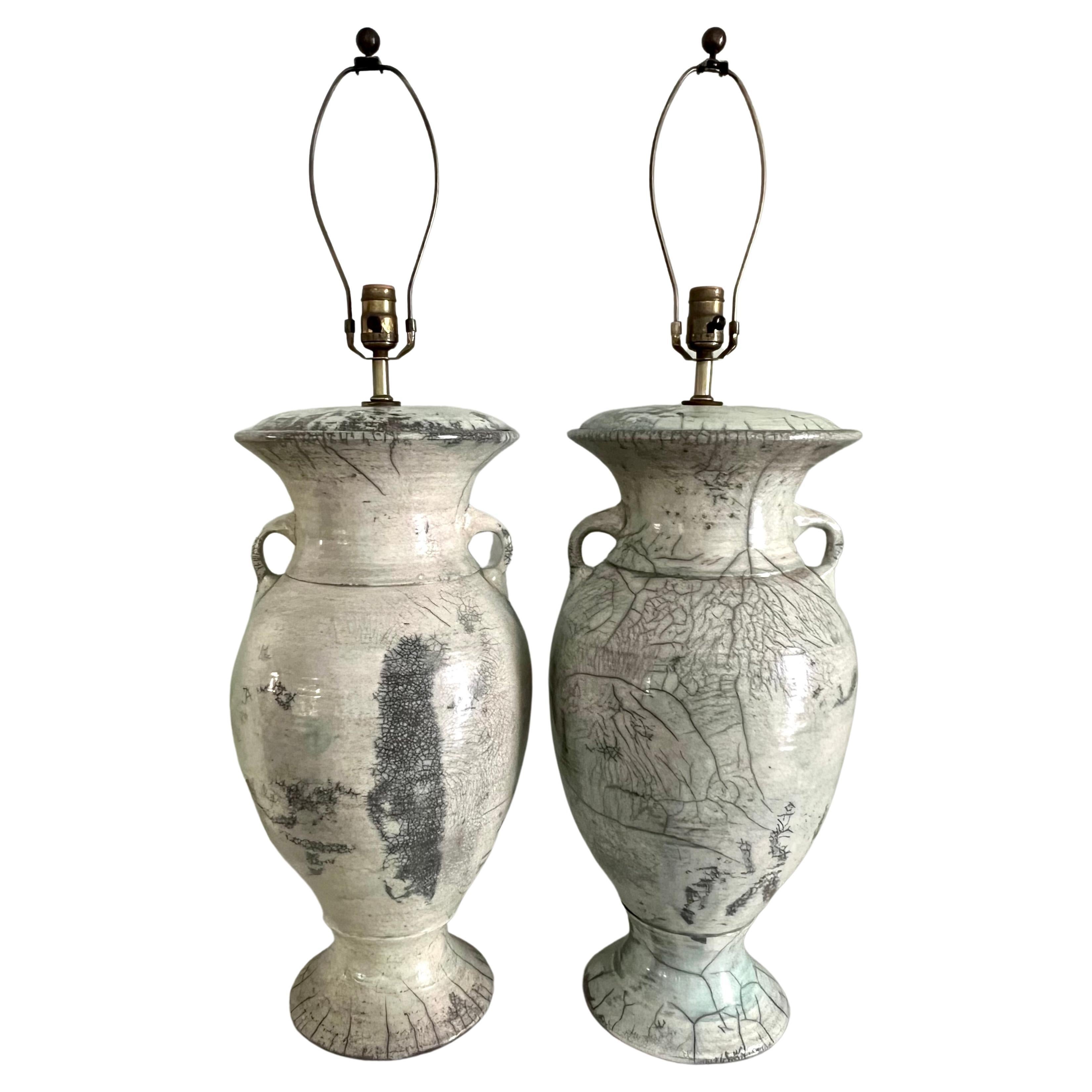 Pair of Japanese Fired Raku Pottery Glazed Urn Table Lamps